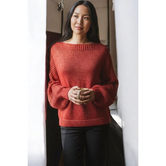 Tommy Bahama Holiday Red Balloon Sleeve Sweater Metallic Threading Medium NEW - Picture 2 of 10